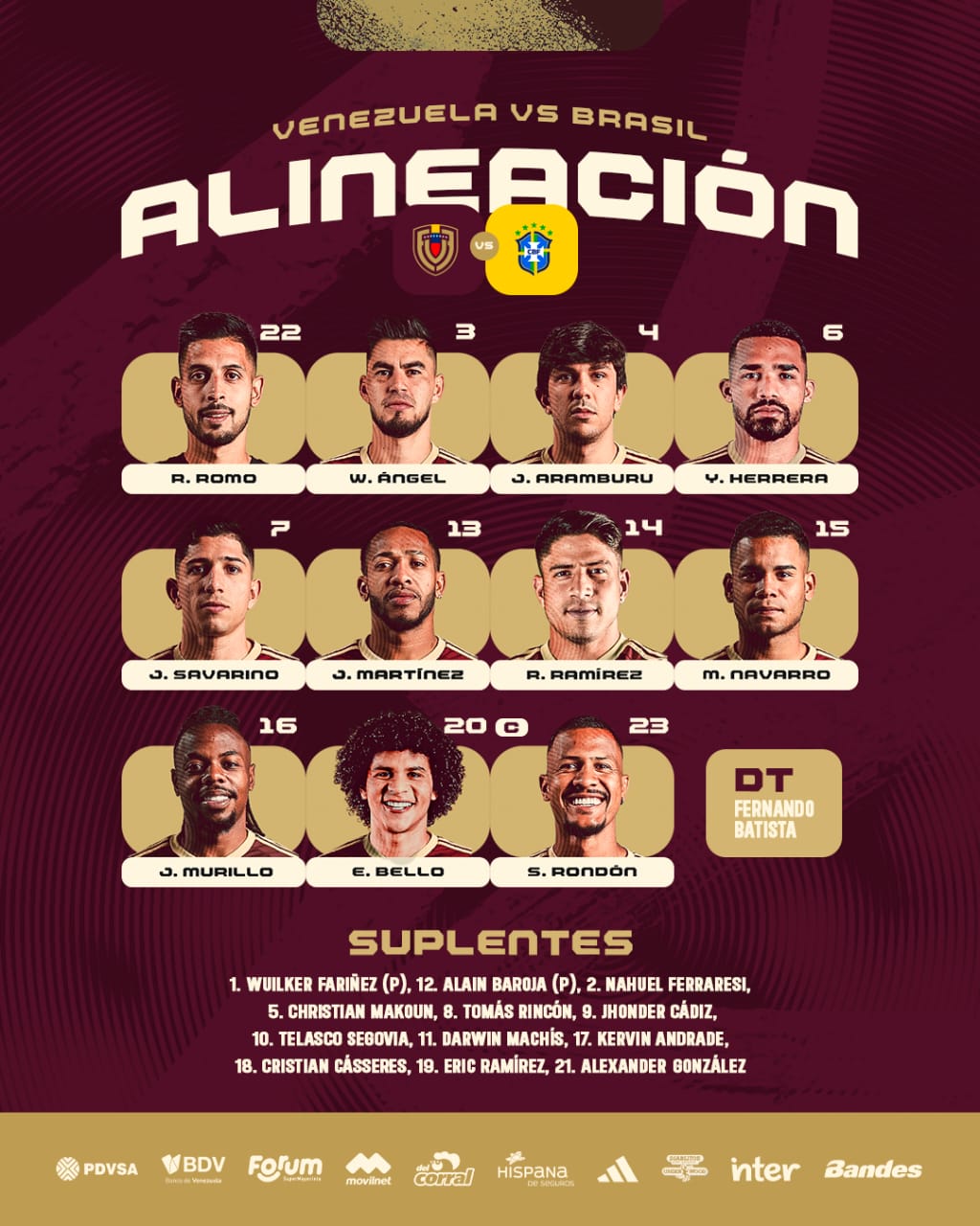 Alineación Venezuela vs. Brasil: el 11 del 'Bocha' Batista para el partido de Eliminatorias 2026