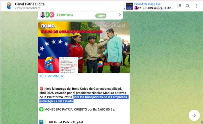 Este miércoles 30 de abril, la Plataforma Patria inició la entrega del bono Único de Corresponsabilidad dirigido para los trabajadores de las empresas estratégicas del Estado. El monto asignado es de 5.600 bolívares o el equivalente a dólares, dependiendo de la tasa de cambio del Banco Central de Venezuela (BCV).