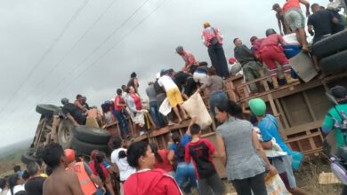 Las personas se montaron en la plataforma del camión para extraer los pollos vivos