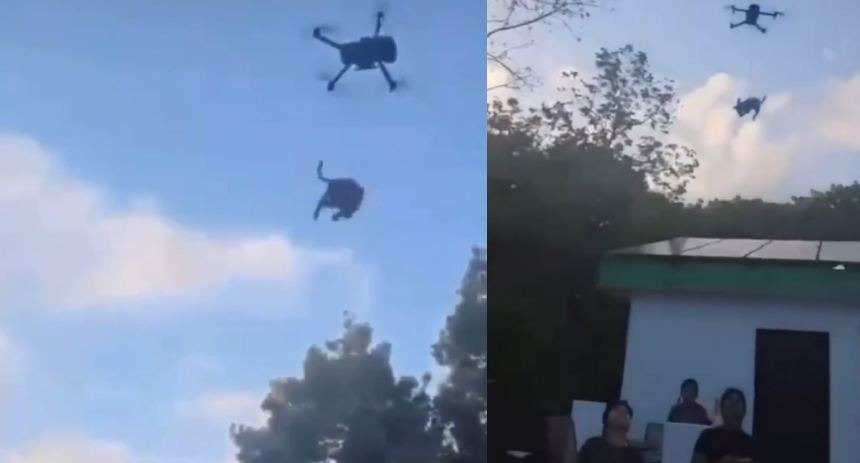 Jóvenes elevan a un perro con un dron a más de 3 metros de altura en México