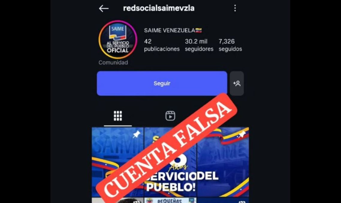 SAIME advierte sobre cuenta falsa en instagram