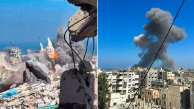 Bombardeos israelíes reducen a escombros edificios residenciales en el campo de refugiados de Shati, Gaza