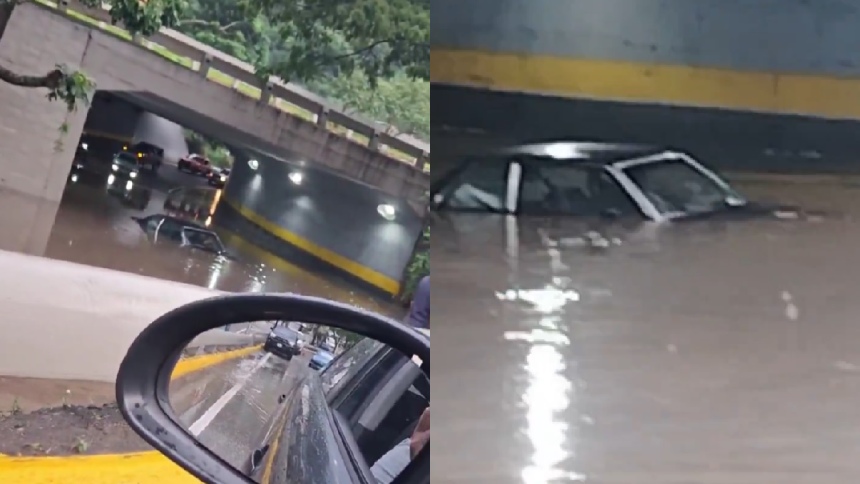 Un vehículo y su conductor son arrastrados y cubiertos por el agua en Caracas