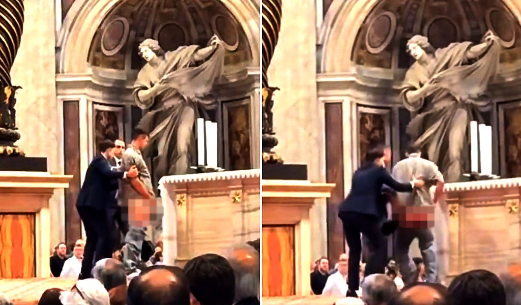 Hombre interrumpe la Santa Misa para profanar el altar de San Pedro.