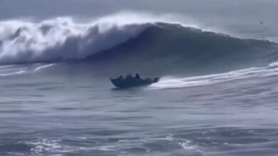 Surfistas rescatan a una familia tras volcar su lancha por una ola gigante