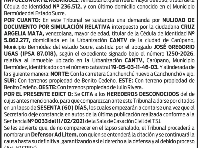 Citación a herederos desconocidos de Luis Napoleón Ortiz