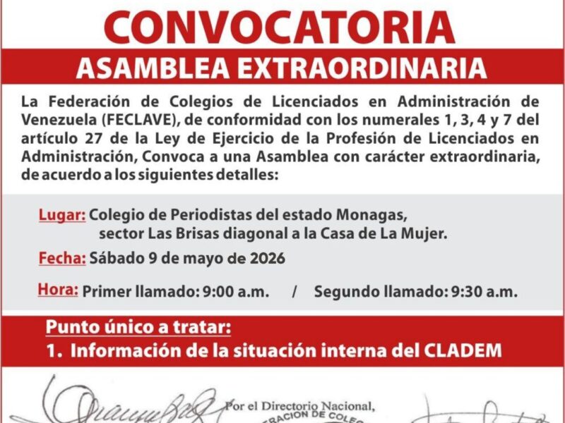 Convocatoria a Asamblea de la Federación de Colegios de Licenciados en Administración de Venezuela