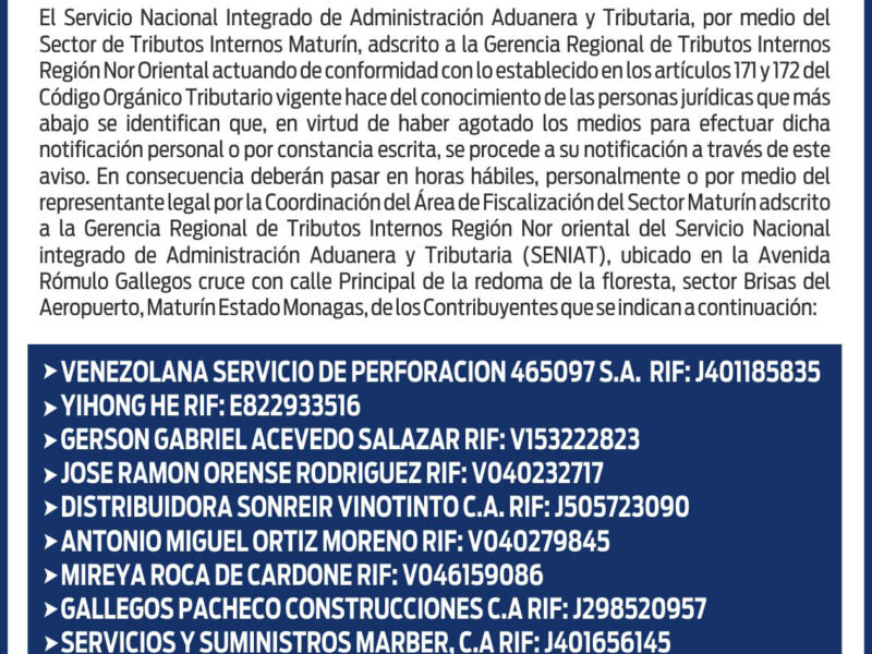 Seniat emite notificación a empresas de Maturín