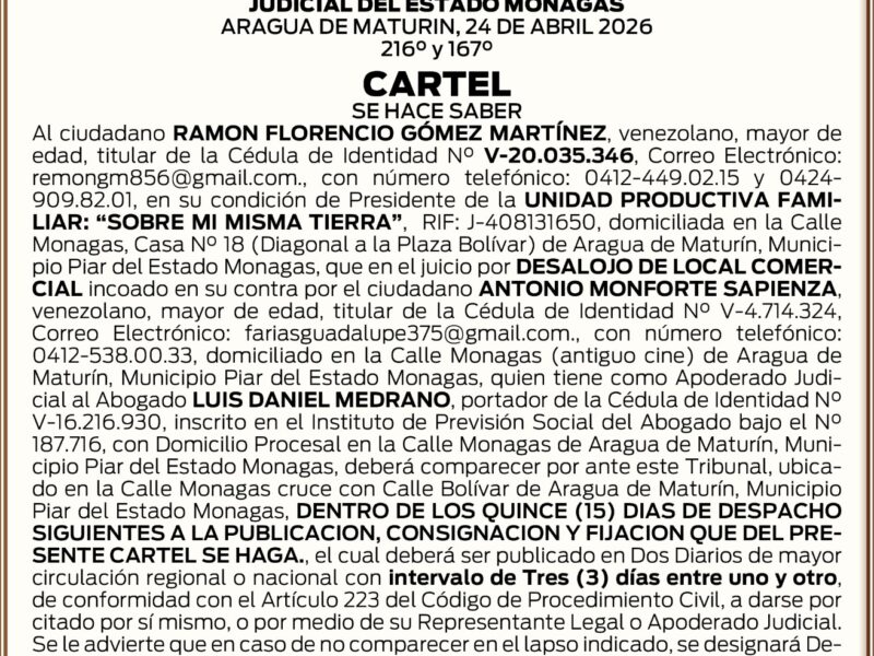 Solicitud de comparecencia ante Tribunal de Aragua de Maturín