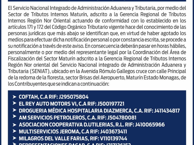 Notificación del Seniat a empresas de Maturín