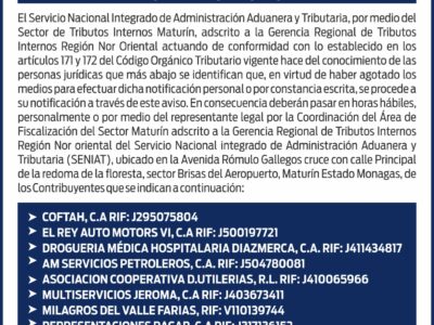 Notificación del Seniat a empresas de Maturín