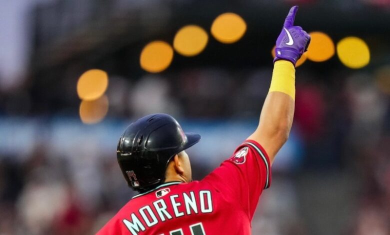 Gabriel Moreno conecta su jonrón 11 de la temporada ante los Gigantes