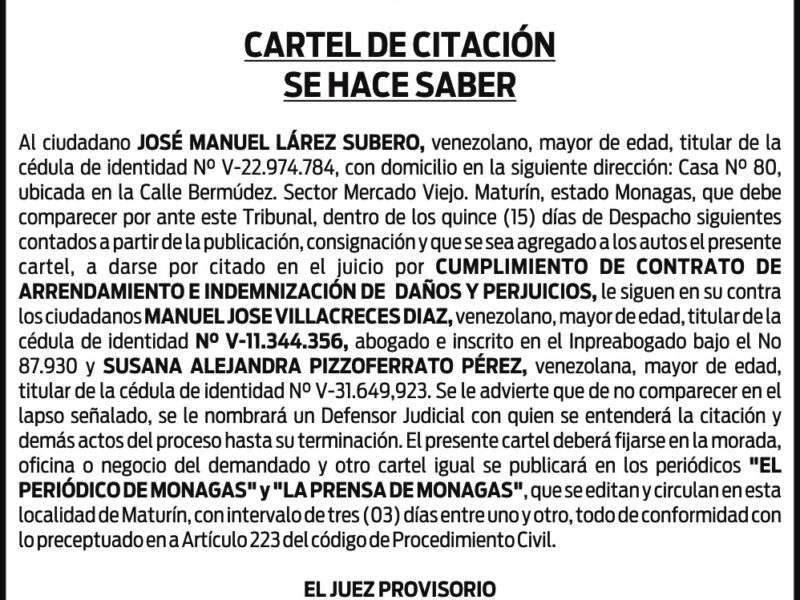 Cartel de Notificación al Sr. José Manuel Lárez
