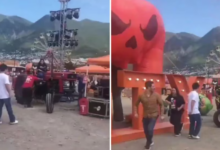 Video viral: tractor impacta la decoración de un festival de Halloween en Nuevo León