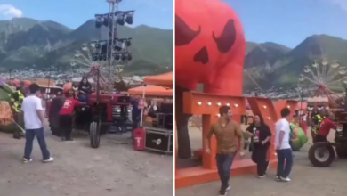 Video viral: tractor impacta la decoración de un festival de Halloween en Nuevo León